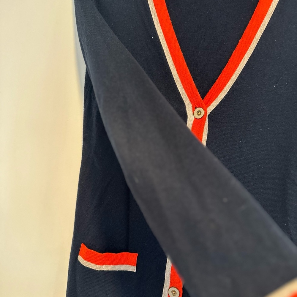 Banana Republic Sz:M Tunic Vneck Cardigan Button sweater navy/Orange/ Gray Trim. - Picture 7 of 9